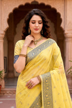 Sangam Prints Yellow Cotton Blend Woven Work Traditional Saree | Grocsy