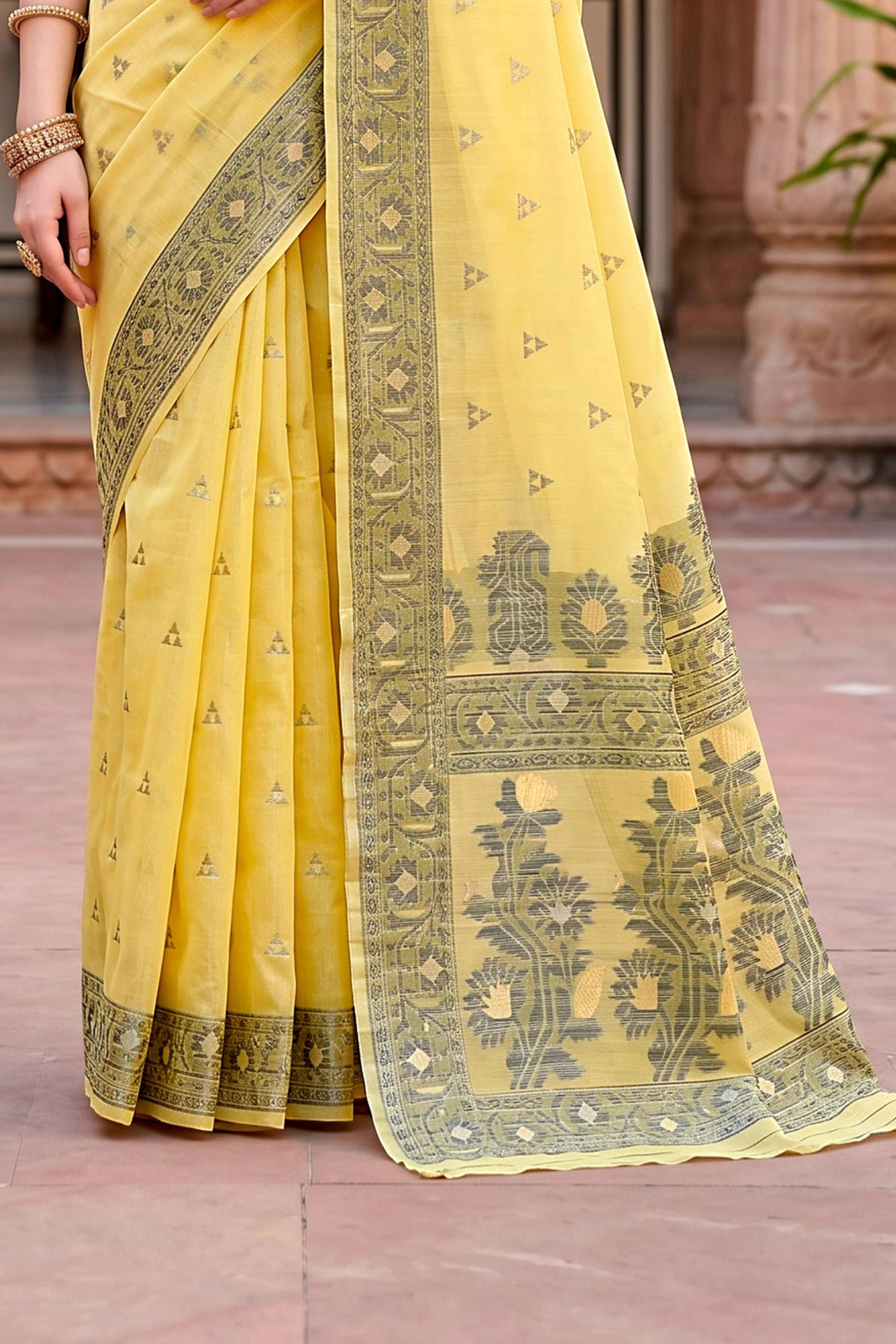 Sangam Prints Yellow Cotton Blend Woven Work Traditional Saree | Grocsy