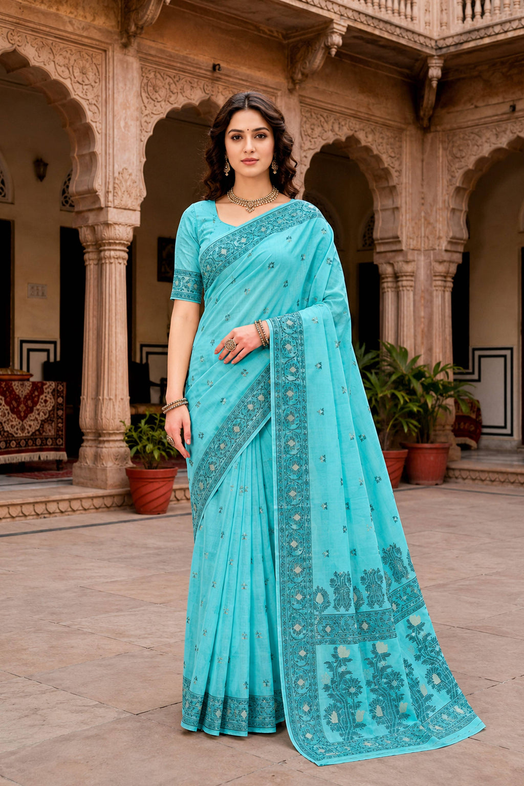 Sangam Prints Teal Blue Cotton Blend Woven Work Traditional Saree | Grocsy