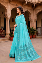 Sangam Prints Teal Blue Cotton Blend Woven Work Traditional Saree | Grocsy