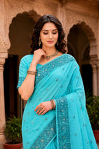 Sangam Prints Teal Blue Cotton Blend Woven Work Traditional Saree | Grocsy