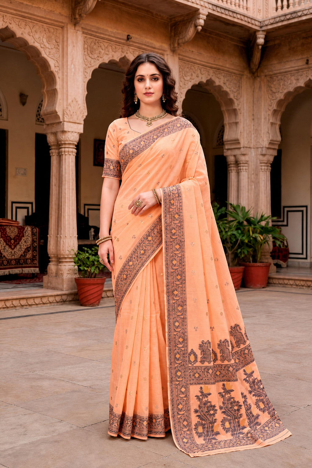Sangam Prints Peach Cotton Blend Woven Work Traditional Saree | Grocsy