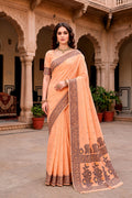 Sangam Prints Peach Cotton Blend Woven Work Traditional Saree | Grocsy