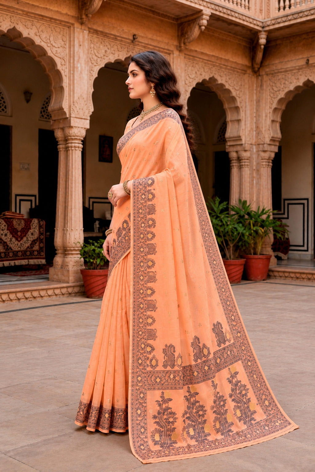 Sangam Prints Peach Cotton Blend Woven Work Traditional Saree | Grocsy