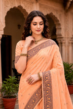 Sangam Prints Peach Cotton Blend Woven Work Traditional Saree | Grocsy