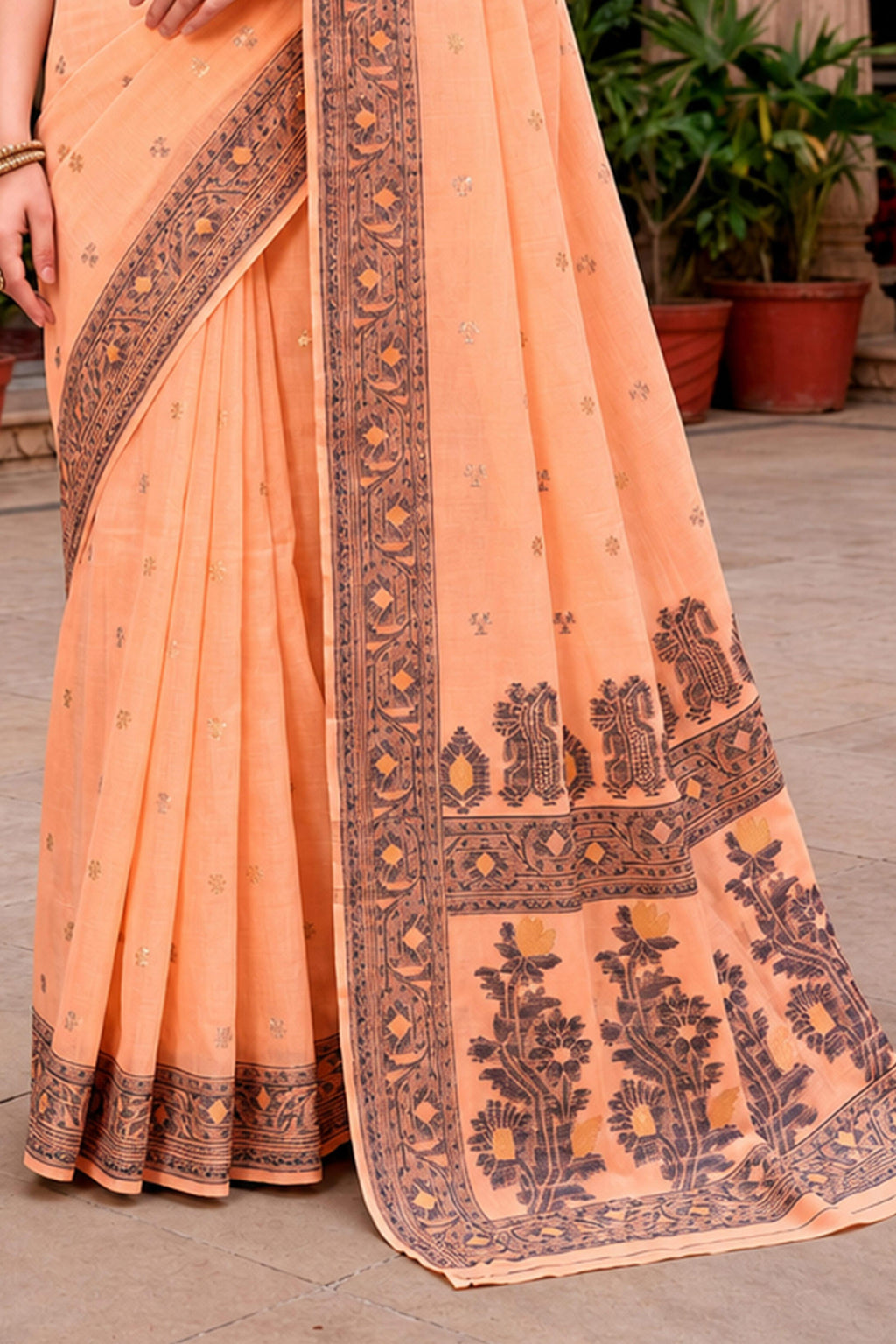 Sangam Prints Peach Cotton Blend Woven Work Traditional Saree | Grocsy