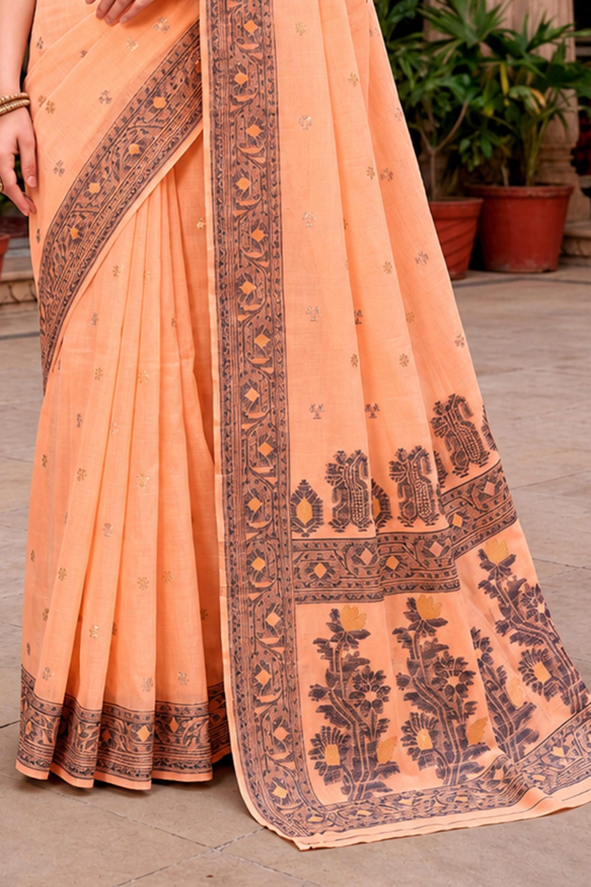 Sangam Prints Peach Cotton Blend Woven Work Traditional Saree | Grocsy