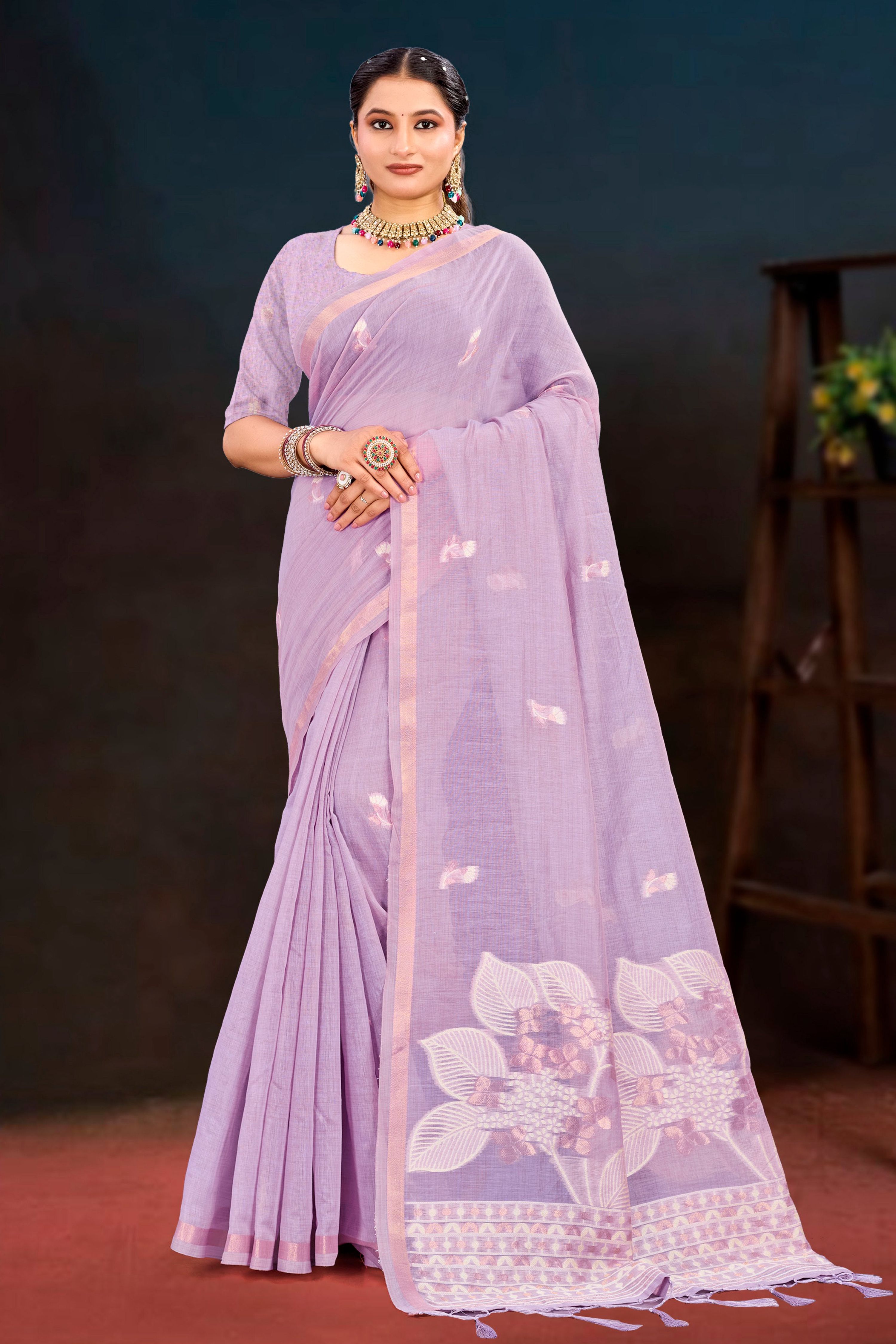Sangam Prints Lavender Cotton Blend Woven Work Traditional Saree | Grocsy