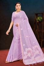 Sangam Prints Lavender Cotton Blend Woven Work Traditional Saree | Grocsy