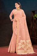 Sangam Prints Peach Cotton Blend Woven Work Traditional Saree | Grocsy