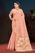Sangam Prints Peach Cotton Blend Woven Work Traditional Saree | Grocsy