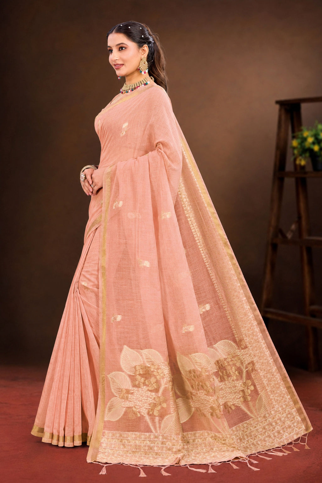 Sangam Prints Peach Cotton Blend Woven Work Traditional Saree | Grocsy