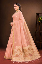 Sangam Prints Peach Cotton Blend Woven Work Traditional Saree | Grocsy