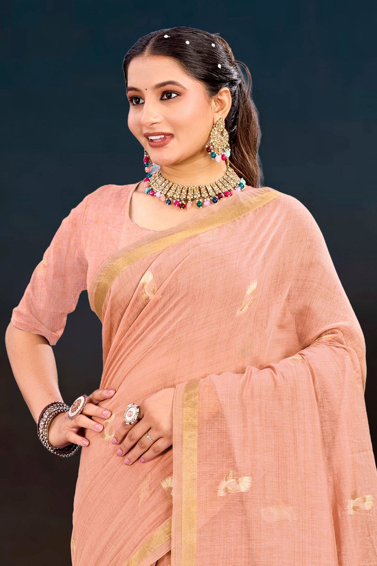 Sangam Prints Peach Cotton Blend Woven Work Traditional Saree | Grocsy