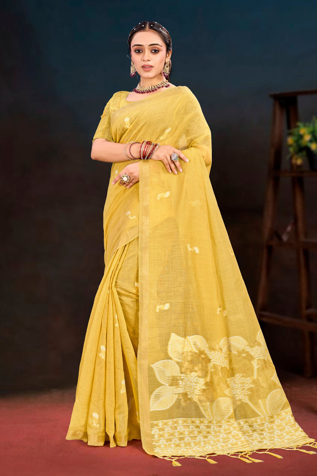 Sangam Prints Yellow Cotton Blend Woven Work Traditional Saree | Grocsy