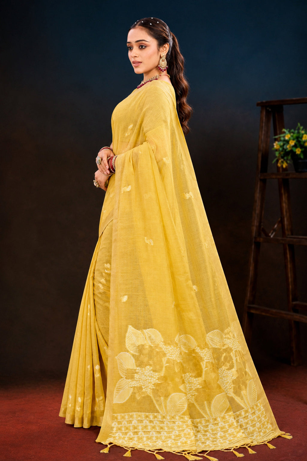 Sangam Prints Yellow Cotton Blend Woven Work Traditional Saree | Grocsy