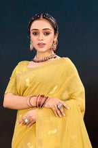 Sangam Prints Yellow Cotton Blend Woven Work Traditional Saree | Grocsy