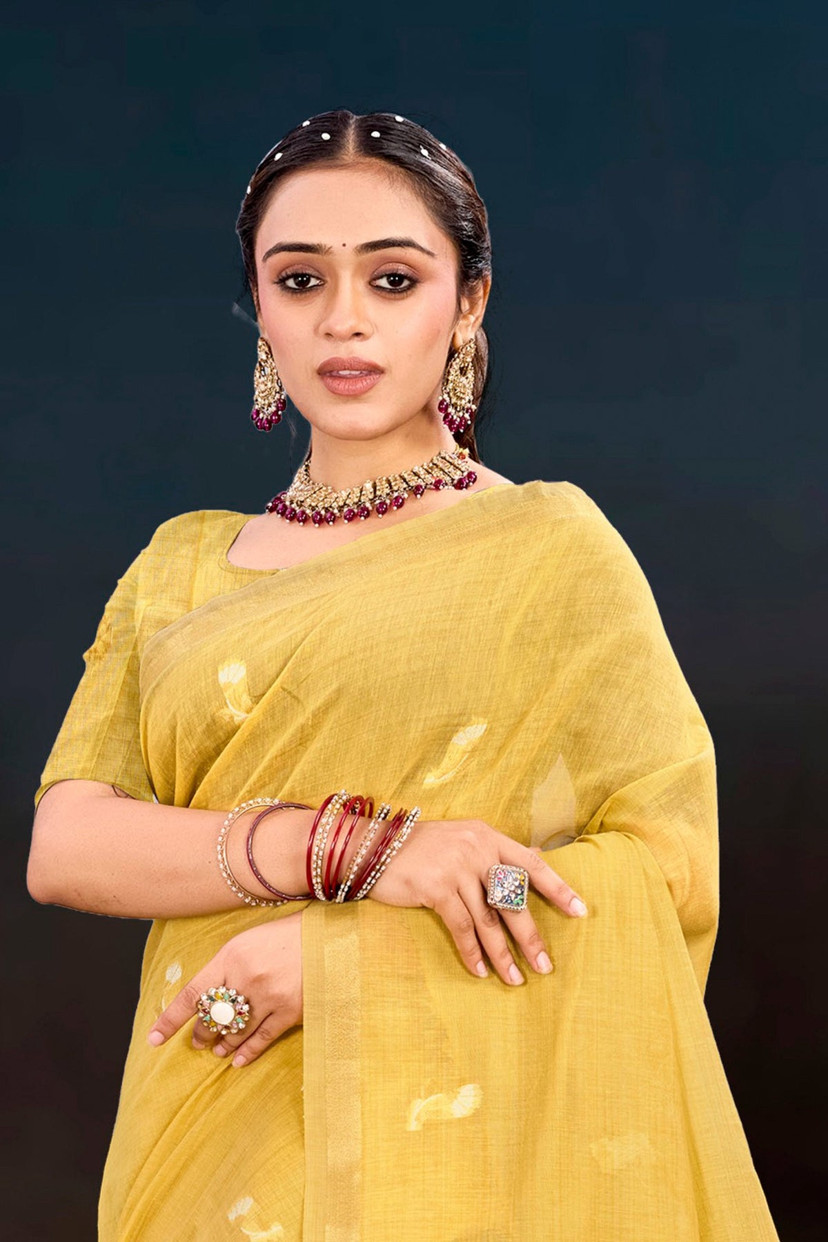 Sangam Prints Yellow Cotton Blend Woven Work Traditional Saree | Grocsy