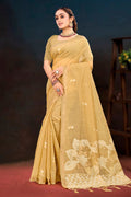 Sangam Prints Beige Gold Cotton Blend Woven Work Traditional Saree | Grocsy
