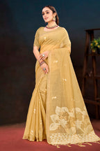 Sangam Prints Beige Gold Cotton Blend Woven Work Traditional Saree | Grocsy