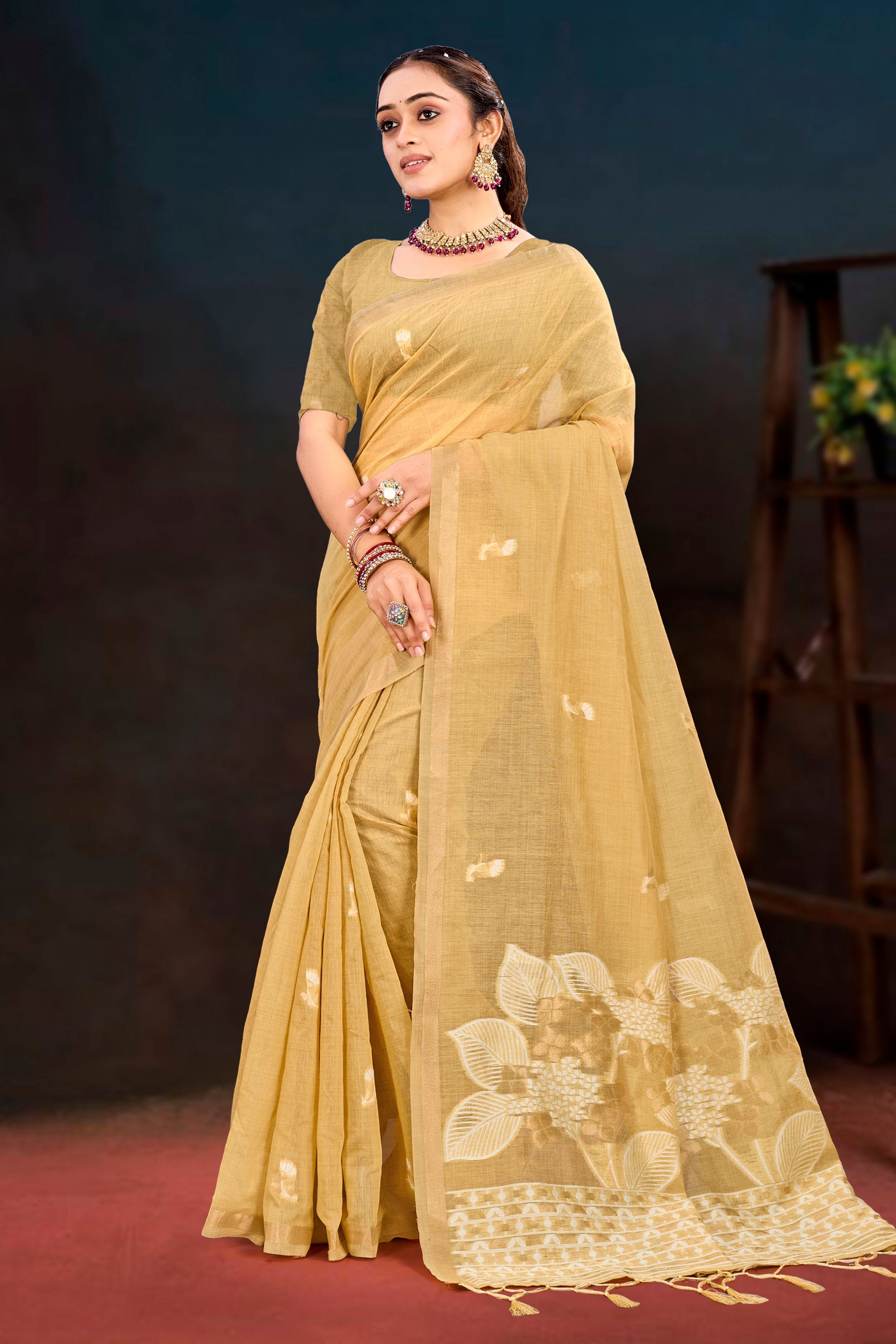 Sangam Prints Beige Gold Cotton Blend Woven Work Traditional Saree | Grocsy