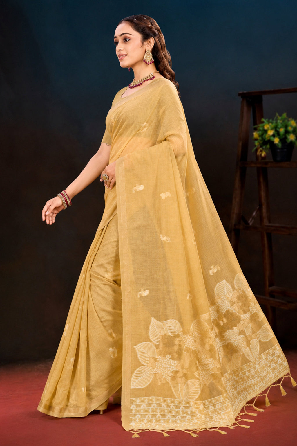 Sangam Prints Beige Gold Cotton Blend Woven Work Traditional Saree | Grocsy