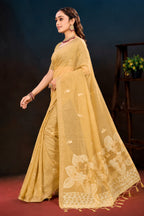 Sangam Prints Beige Gold Cotton Blend Woven Work Traditional Saree | Grocsy