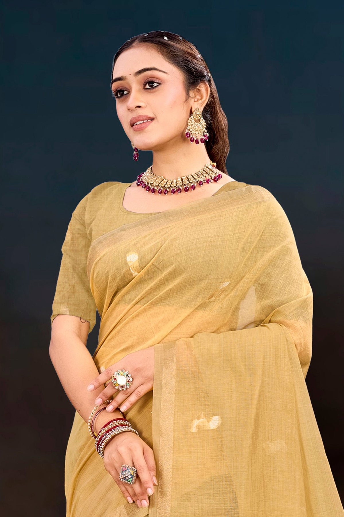 Sangam Prints Beige Gold Cotton Blend Woven Work Traditional Saree | Grocsy