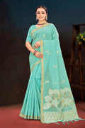 Sangam Prints Aqua Green Cotton Blend Woven Work Traditional Saree | Grocsy