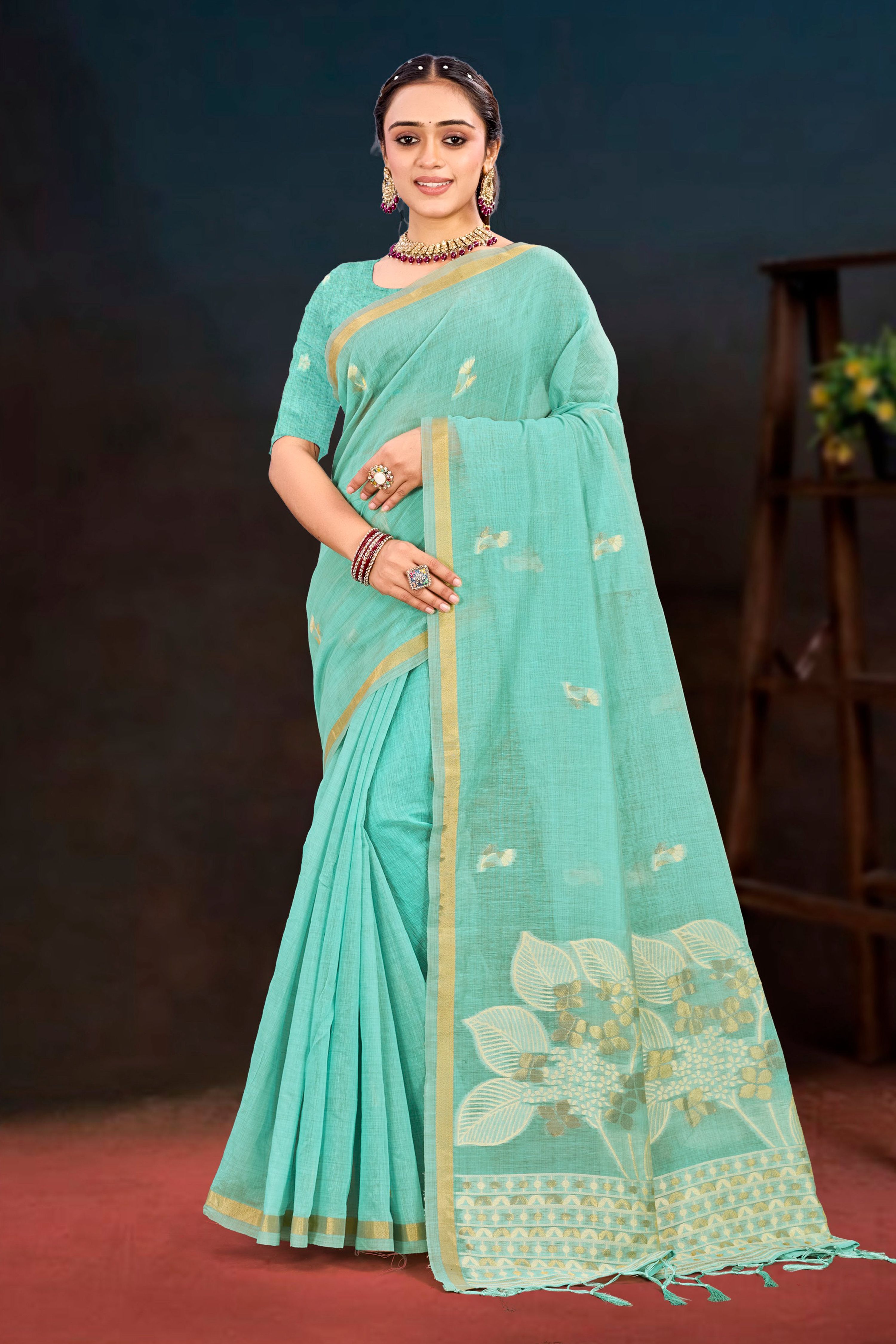 Sangam Prints Aqua Green Cotton Blend Woven Work Traditional Saree | Grocsy