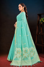 Sangam Prints Aqua Green Cotton Blend Woven Work Traditional Saree | Grocsy