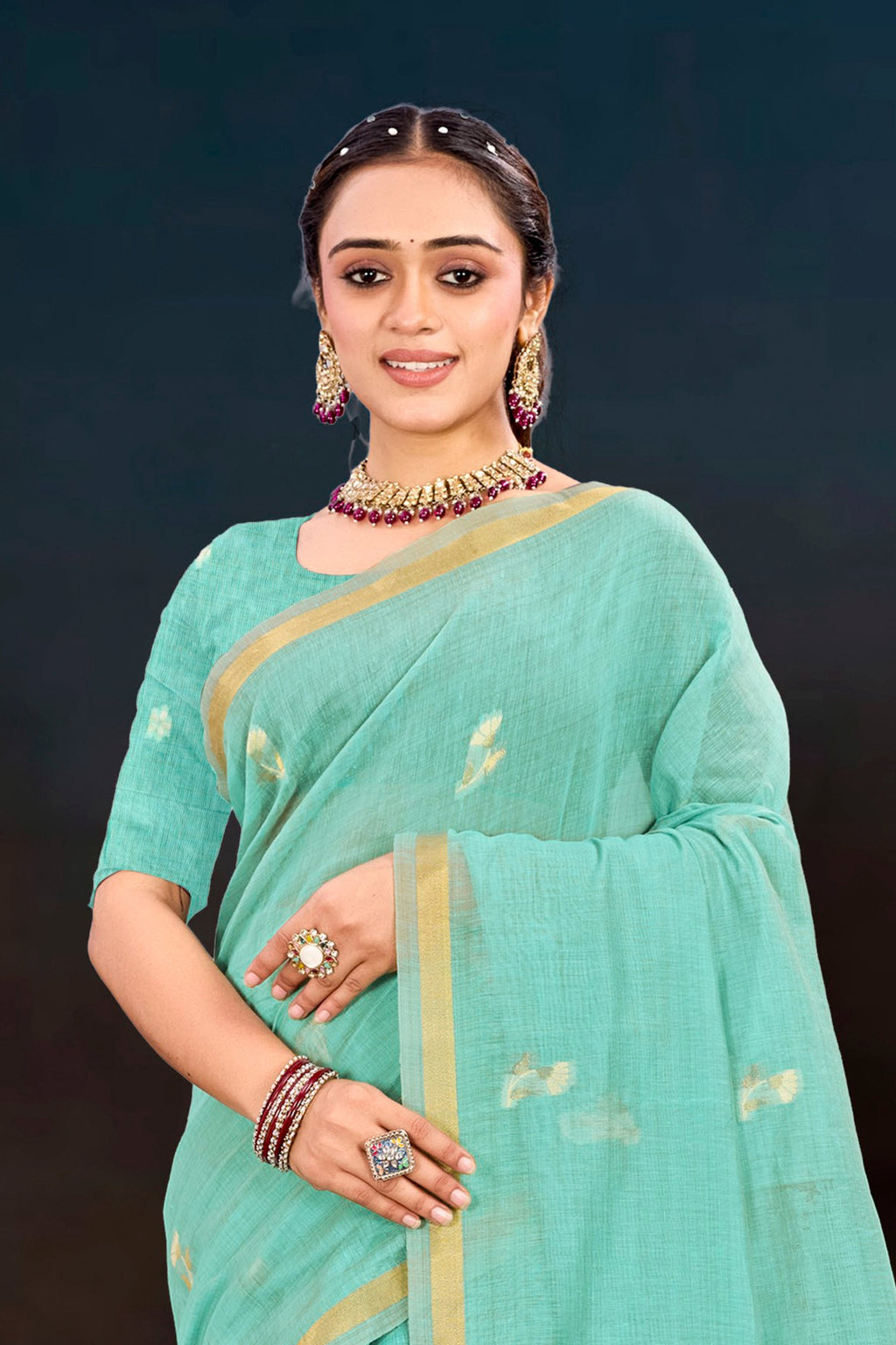 Sangam Prints Aqua Green Cotton Blend Woven Work Traditional Saree | Grocsy