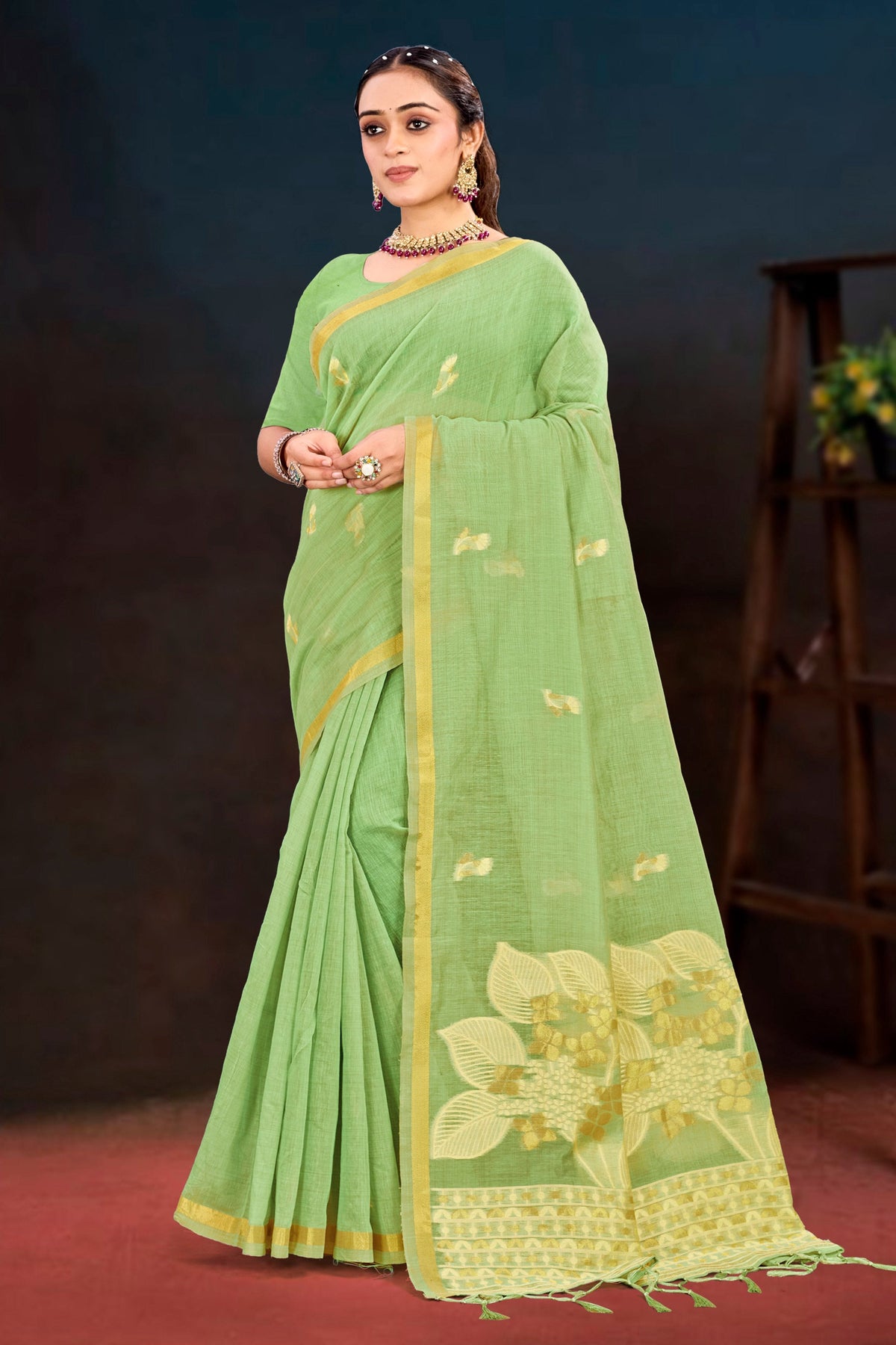 Sangam Prints Pista Green Cotton Blend Woven Work Traditional Saree | Grocsy