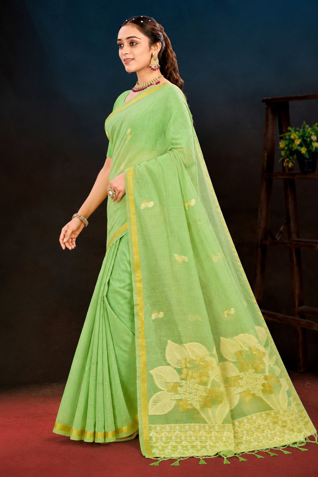 Sangam Prints Pista Green Cotton Blend Woven Work Traditional Saree | Grocsy