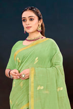 Sangam Prints Pista Green Cotton Blend Woven Work Traditional Saree | Grocsy