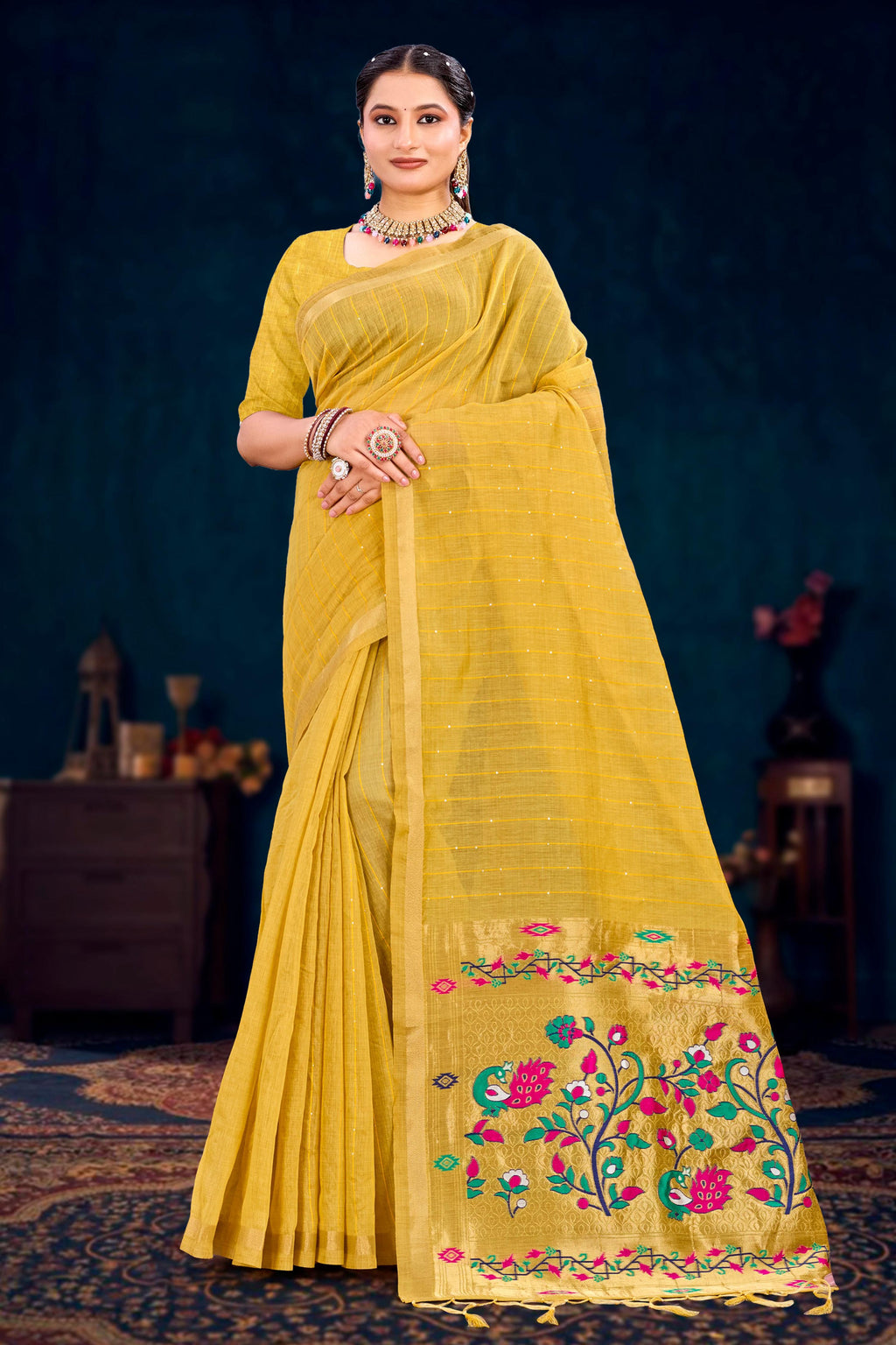 Sangam Prints Mustard Yellow Cotton Blend Woven Work Traditional Saree | Grocsy