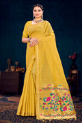 Sangam Prints Mustard Yellow Cotton Blend Woven Work Traditional Saree | Grocsy