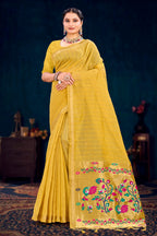 Sangam Prints Mustard Yellow Cotton Blend Woven Work Traditional Saree | Grocsy