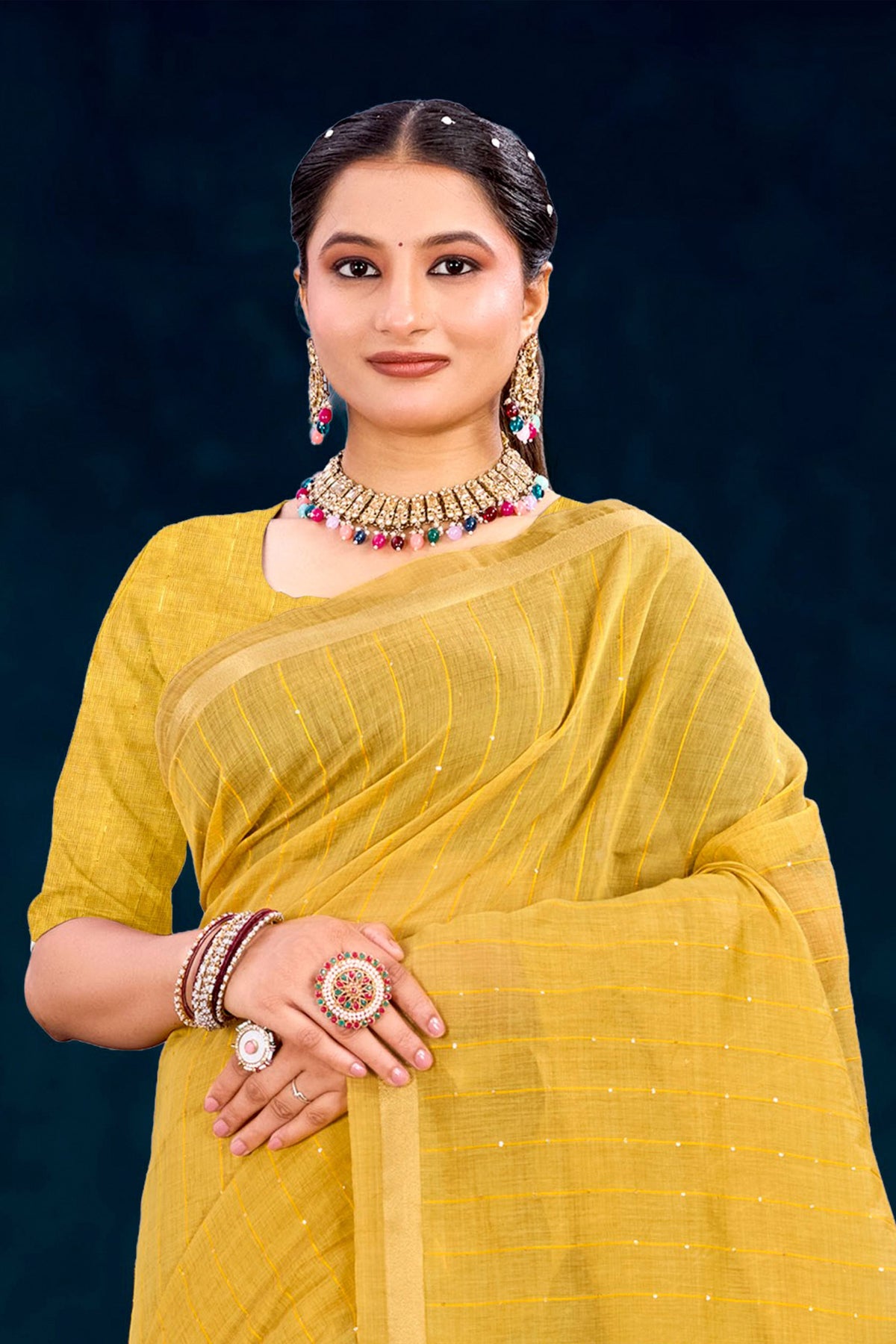 Sangam Prints Mustard Yellow Cotton Blend Woven Work Traditional Saree | Grocsy