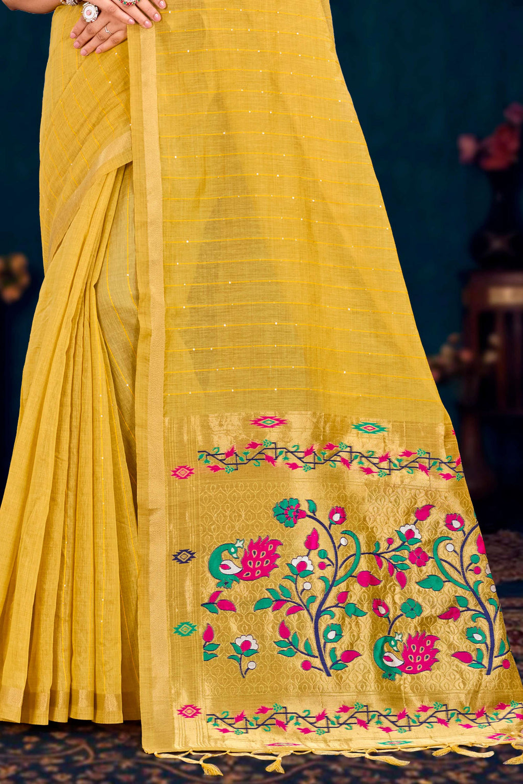 Sangam Prints Mustard Yellow Cotton Blend Woven Work Traditional Saree | Grocsy