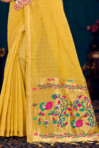 Sangam Prints Mustard Yellow Cotton Blend Woven Work Traditional Saree | Grocsy