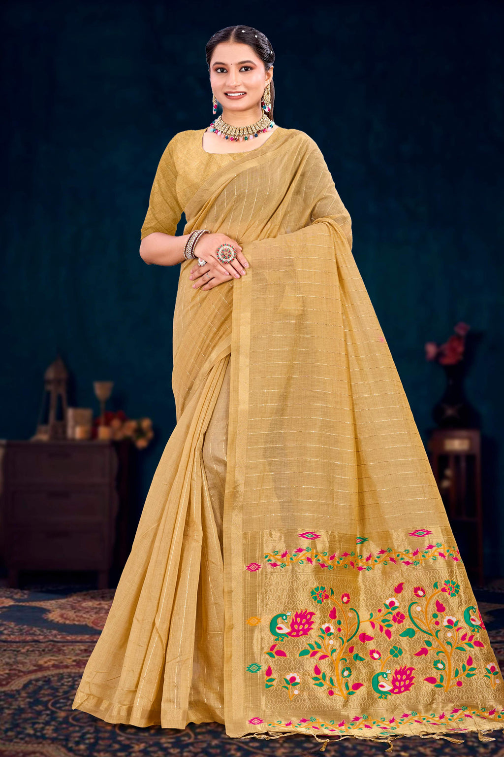 Sangam Prints Beige Gold Cotton Blend Woven Work Traditional Saree | Grocsy