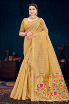 Sangam Prints Beige Gold Cotton Blend Woven Work Traditional Saree | Grocsy