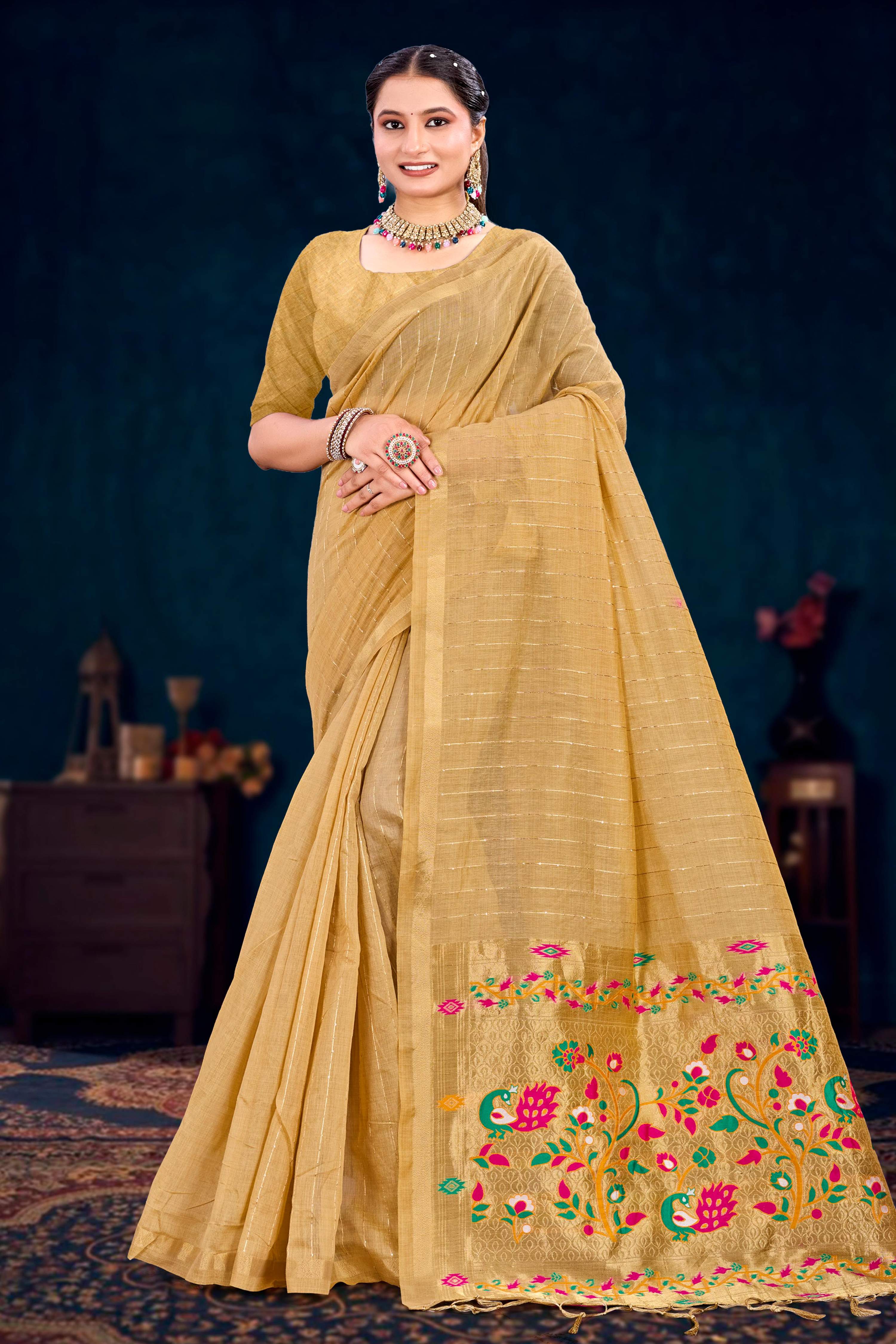 Sangam Prints Beige Gold Cotton Blend Woven Work Traditional Saree | Grocsy
