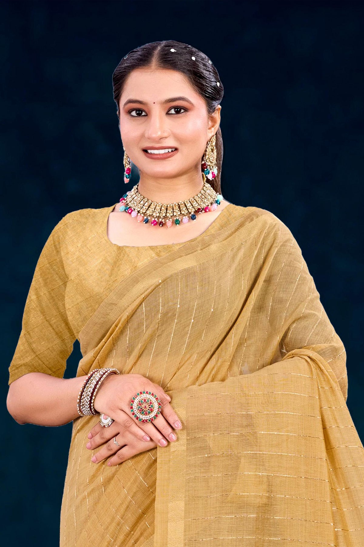 Sangam Prints Beige Gold Cotton Blend Woven Work Traditional Saree | Grocsy
