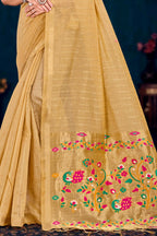 Sangam Prints Beige Gold Cotton Blend Woven Work Traditional Saree | Grocsy