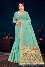 Sangam Prints Aqua Green Cotton Blend Woven Work Traditional Saree | Grocsy