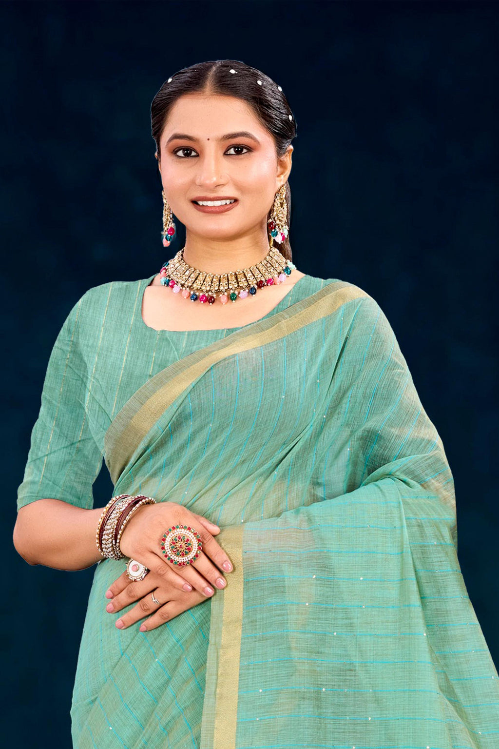 Sangam Prints Aqua Green Cotton Blend Woven Work Traditional Saree | Grocsy