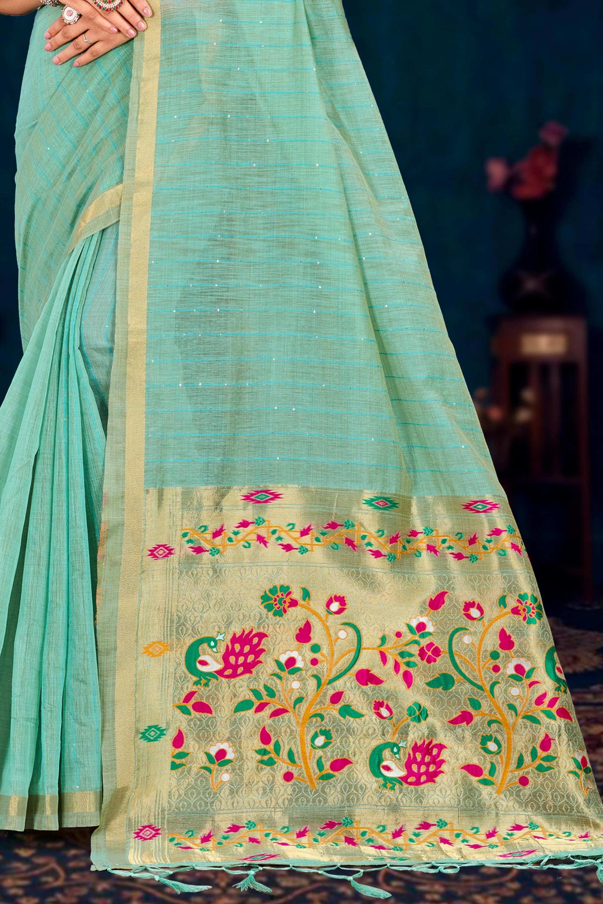 Sangam Prints Aqua Green Cotton Blend Woven Work Traditional Saree | Grocsy