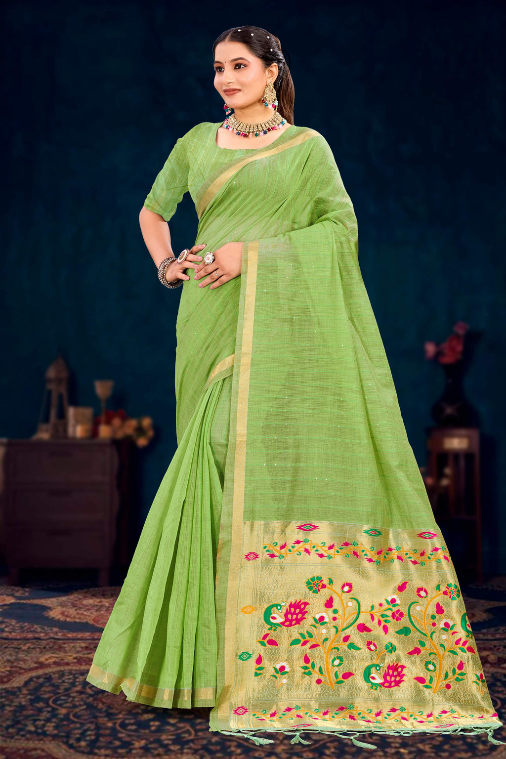 Sangam Prints Parrot Green Cotton Blend Woven Work Traditional Saree | Grocsy